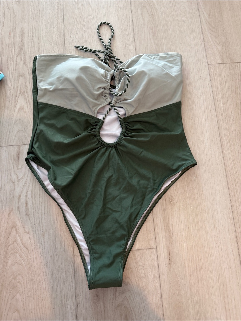 Amazon Olive Green and Light Gray Cutout Halter One-Piece Swimsuit